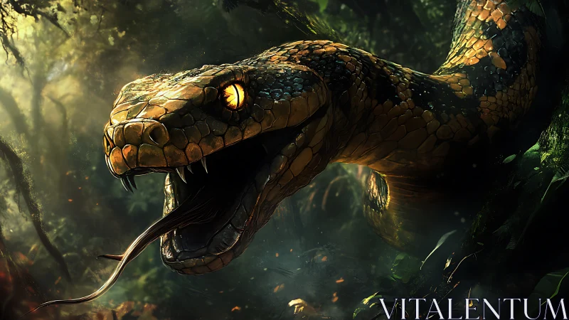 Venomous jungle snake lunges forward with fangs exposed