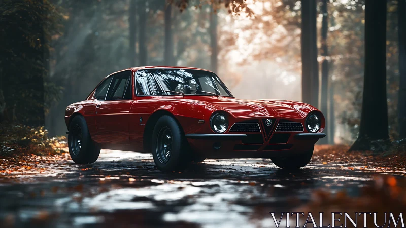 Crimson classic sports coupe in misty autumn forest roadscape.