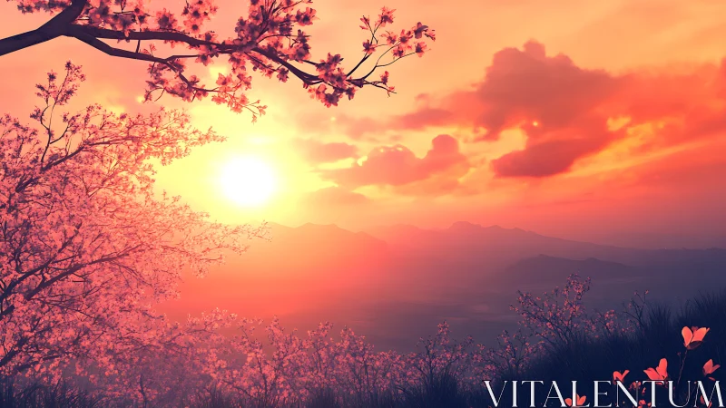 Sunset over distant hills framed by cherry blossoms.