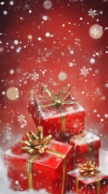 Shimmering red gift boxes sparkle softly in falling snow
