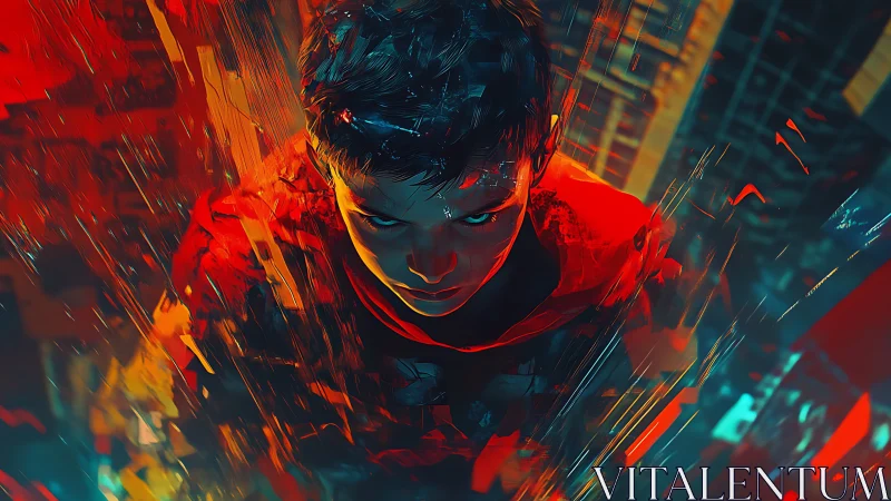 Digital portrait shows hooded figure amid red cyan motion streaks