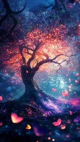Glowing mystical tree with falling petals in twilight forest.