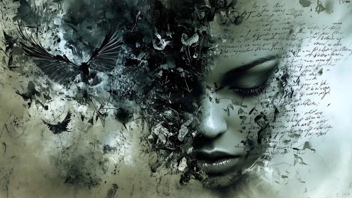 Whispers of ink and wing around a dreaming, hidden face.