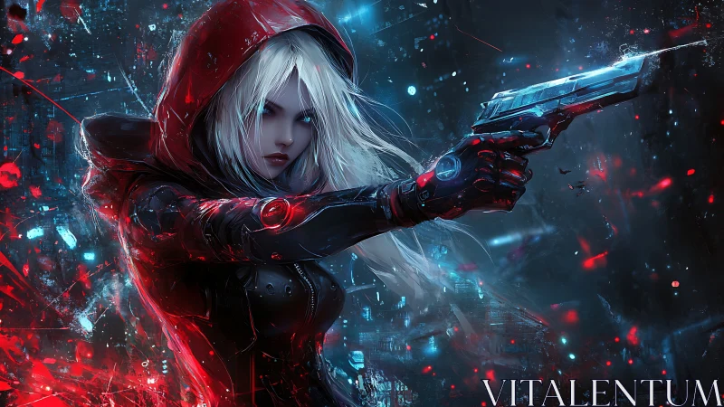 Neon huntress in crimson hood aims across electric night.