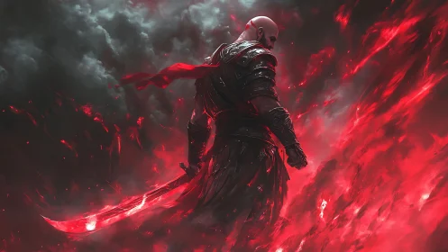 Armored warrior amid crimson energy storm in dramatic sky.