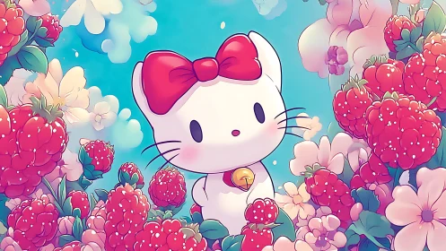 Kawaii white cat explores glowing raspberry garden scene.