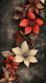 Botanical arrangement with red and cream flowers on dark textured surface.