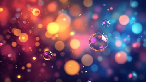 Floating glass bubbles glow amid dreamy neon bokeh lights