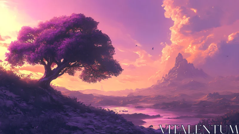 Dreamy violet tree watches over a glowing fantasy valley