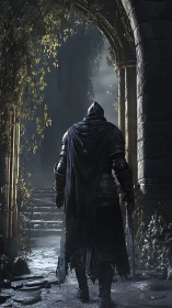 Lone armored knight ascending ruined frostlit cloister steps.