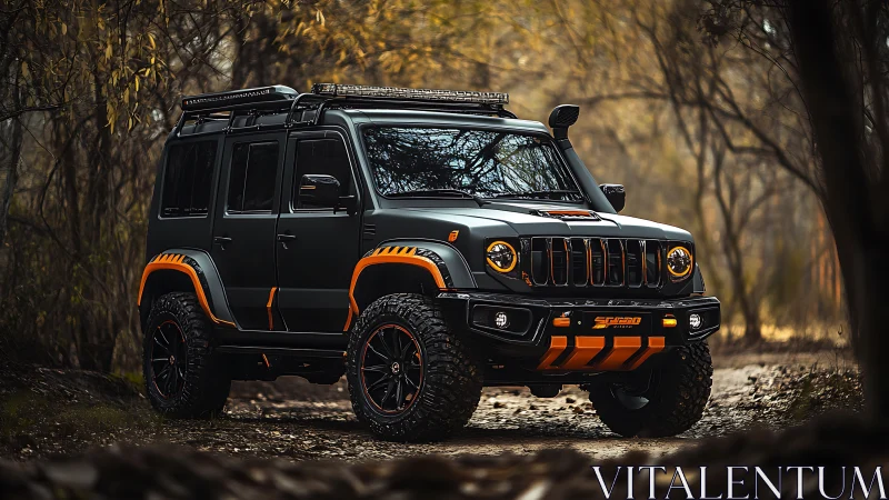 Matte black offroad SUV with orange accents in forest trail.