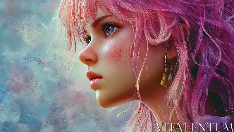 Side profile portrait of pink haired woman in digital art.