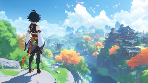 Anime hero surveys sunlit valley and tiered cliffside citadel