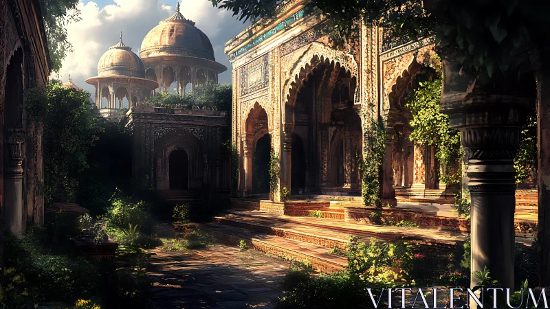 Sunlit palace courtyard welcomes lush, overgrown gardens