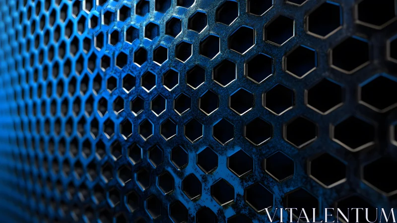 Blue Metallic Hexagonal Grid Pattern in Abstract Industrial Style.