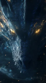 Glowing-eyed dragon emerges from shadowy cosmic void.