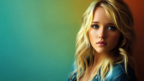 Softly lit blonde portrait rests against glowing teal wall