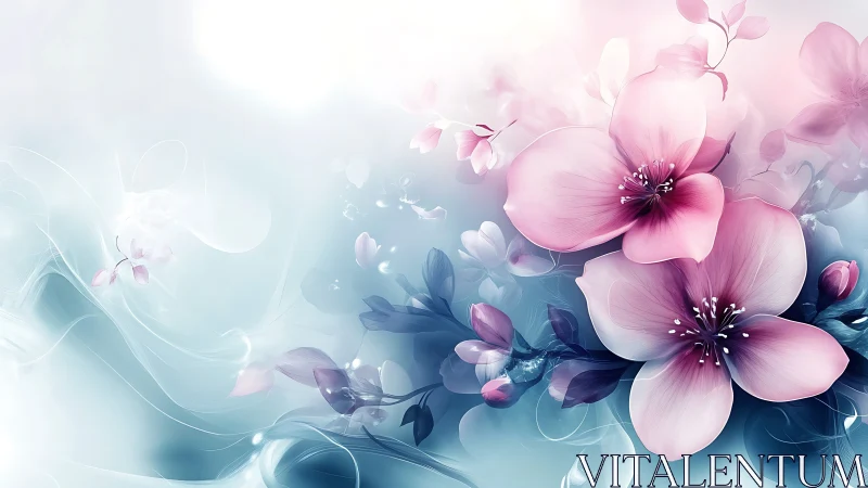 Soft-focus botanical composition with translucent petals blending into ethereal gradient background