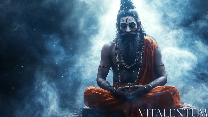 Mystic robed figure meditates in smoky, high-contrast light