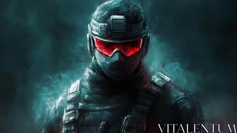 Tactical figure in dark armor with red visor in haze.