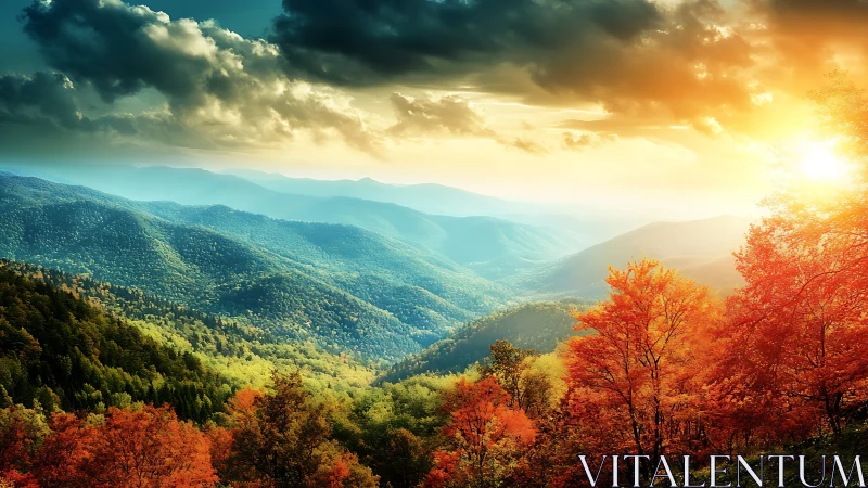 Sunburst over ember woods and rolling teal mountainscape.