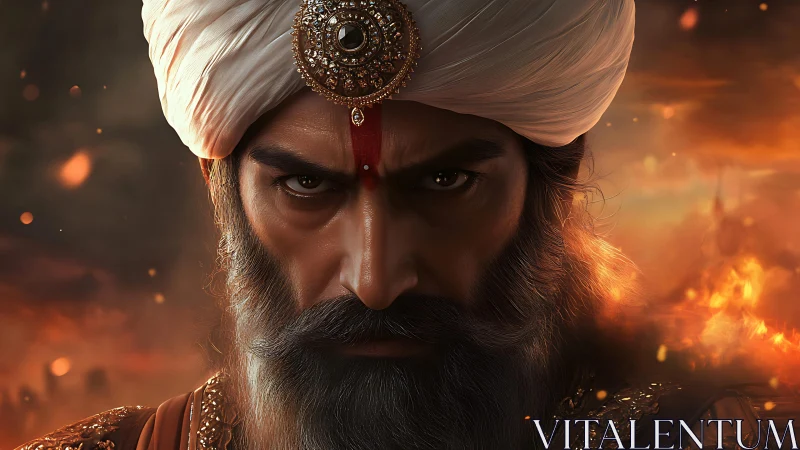 Commanding warrior in jeweled turban gazes through embers