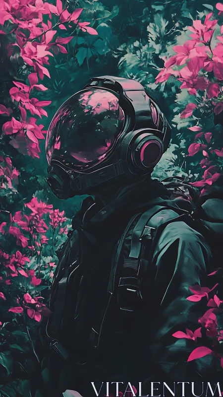 Lone astronaut stands in neon jungle of pink foliage.