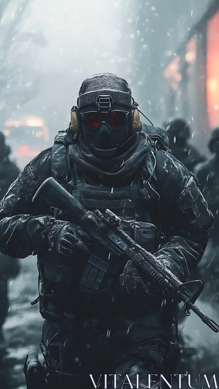 Snowbound special forces soldier advancing through chaos.