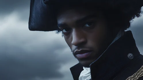 Storm-lit naval portrait isolates focused gaze and textured uniform