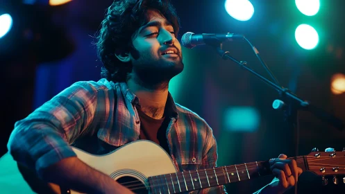 Male guitarist performing onstage with microphone setup.