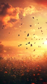 Golden-hour meadowscape captures silhouetted flock in radiant haze