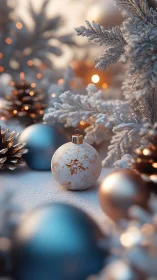 Snowy Christmas ornament with pine cones and frosted branches.