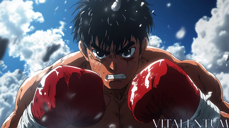 Determined anime boxer drives forward through swirling snow.