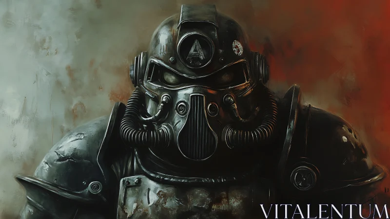 Steel-clad sentinel studies the ruins through dim visor light