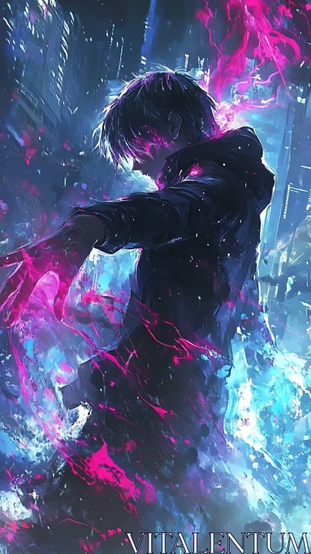 Neon powered figure in dark futuristic city alley.