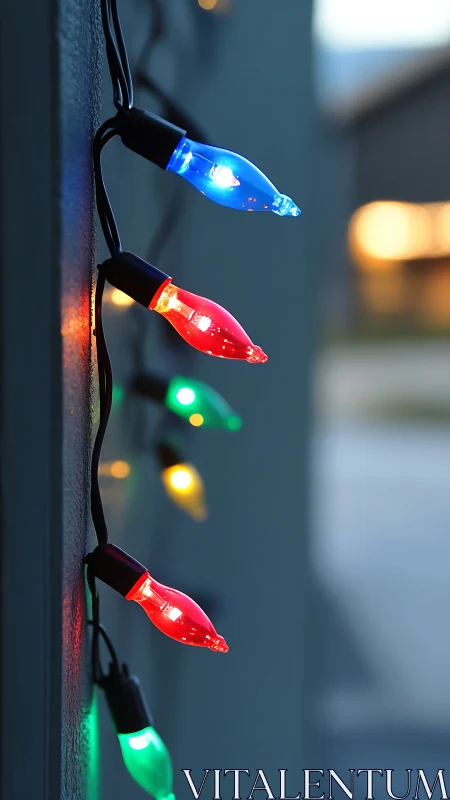 Colored outdoor string lights glow against soft evening bokeh