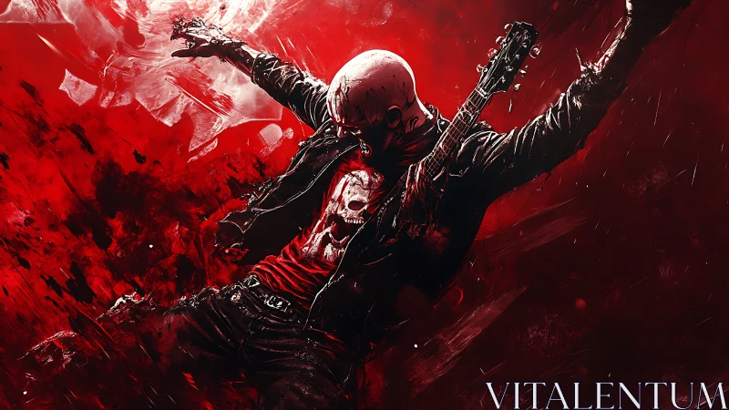 Skull-masked guitarist falling through crimson abstract void.