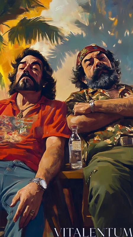 Laid-back duo lounge under tropical skies in vivid paint