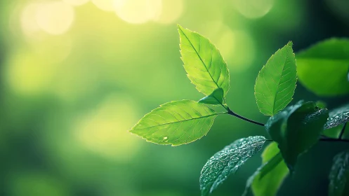 Backlit green leaves with dew against soft bokeh background.