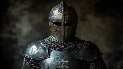Medieval knight in worn metal armor against dark backdrop.