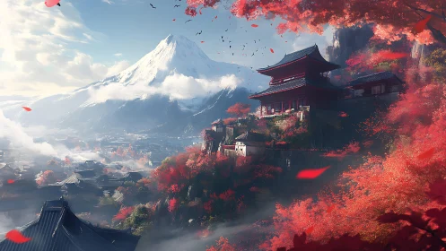 Crimson temple dreaming beneath a cloud-draped sacred peak.