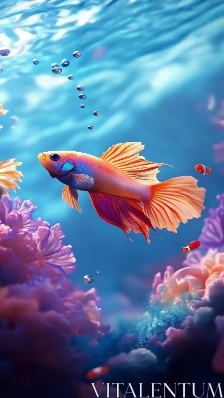 Colorful betta fish swims above corals in stylized seascape