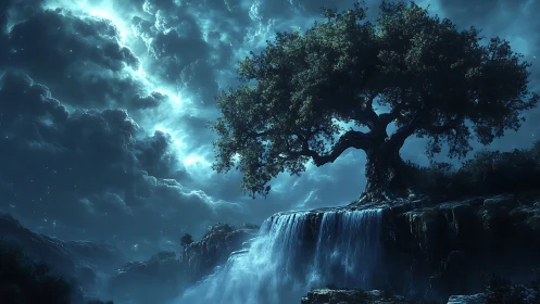 Moonlit guardian tree watches over a shimmering clifffall