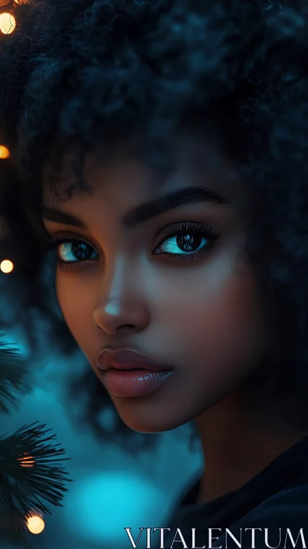 Cinematic close-up portrait in teal-orange bokeh lighting.