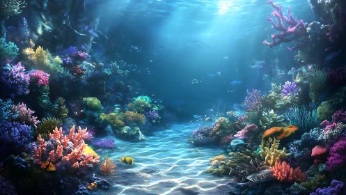 Sunlit coral cathedral where rainbow reefs softly shimmer.