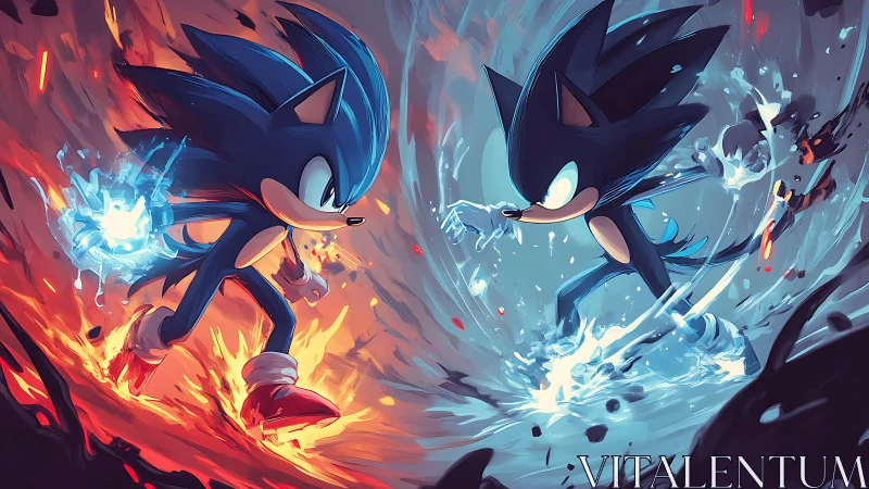 Blue speed duelist splits fire and ice in charged standoff.