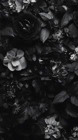 Dark floral arrangement featuring roses, ranunculus, and botanical foliage in monochromatic composit