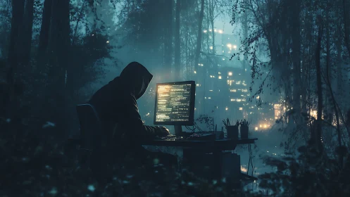 Hooded programmer operates illuminated workstation in foggy forest