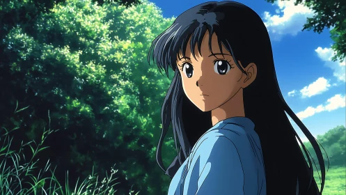 Anime girl stands outdoors against dense sunlit foliage