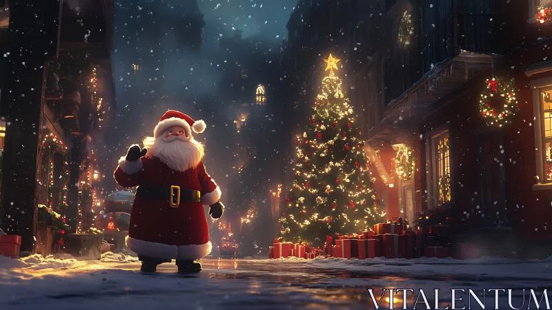 Snowlit Santa stroll amid glowing city Christmas wonder.